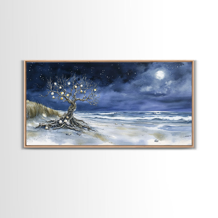 Moonlit Sea and the Tree of Ornaments - tropical Christmas, Christmas decor, Christmas wall art, Nordic Christmas decor, Christmas outdoor