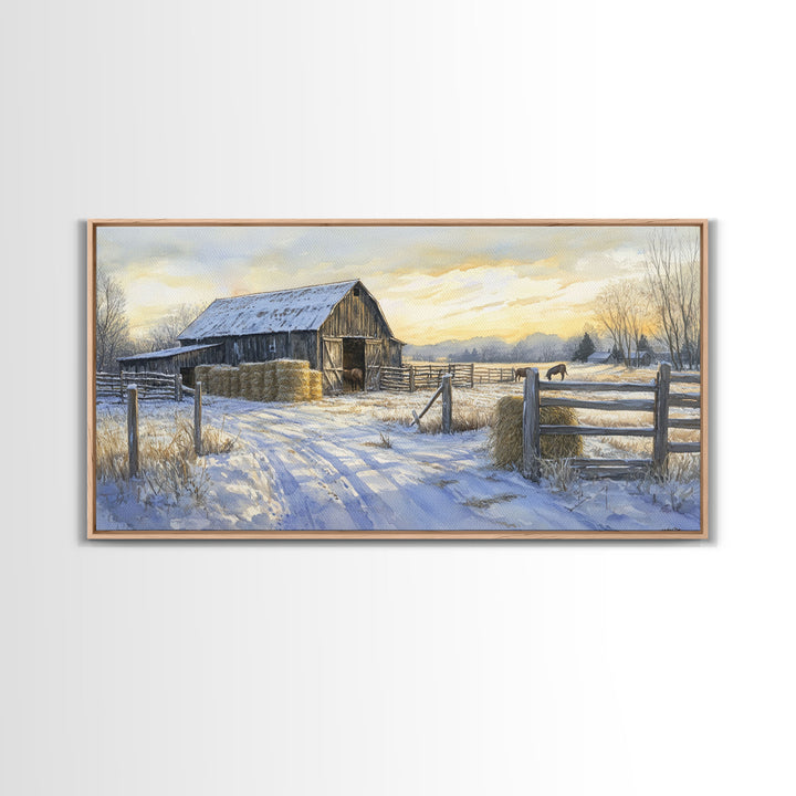 Snowy Barn Horses Canvas Print Winter Landscape Art Farmhouse Christmas Wall Art Framed Canvas Print Rustic Christmas Outdoor Decor