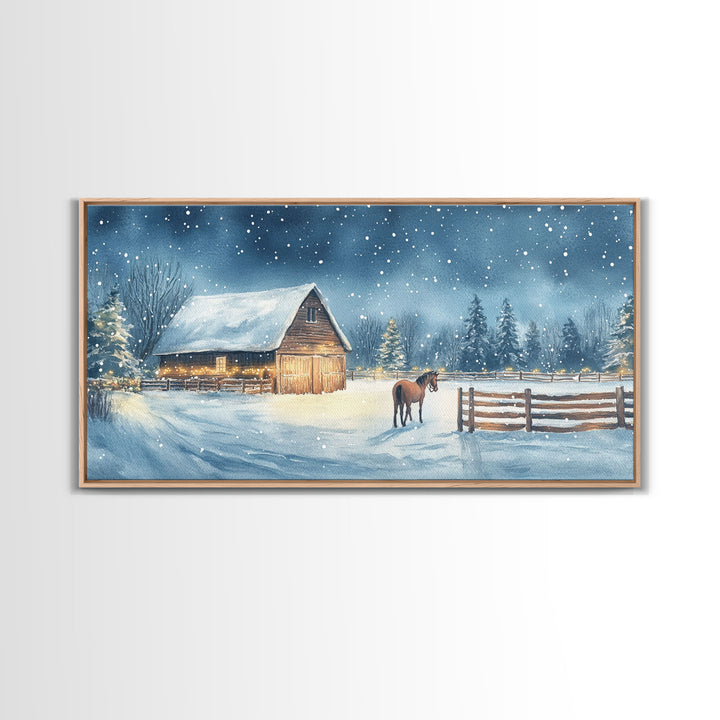 Snowy Horse Barn Canvas Print Christmas Farmhouse Decor Winter Wonderland Art Framed Canvas Print Christmas Outdoor Wall Art