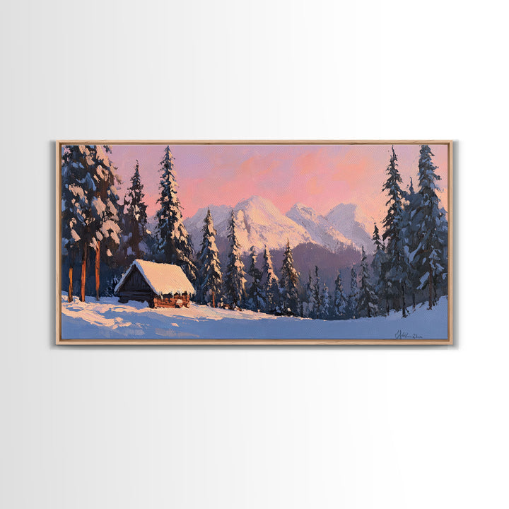 Snowy Mountain Cabin Tall Art Framed Canvas Print Cozy Winter Cabin Nestled In Snowy Forest With Majestic Mountain Landscape