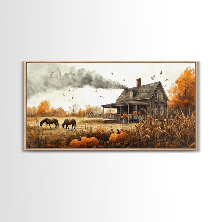 Horses grazing in autumn landscape, fall farmhouse decor, rustic wall art, decor, vintage fall wall print, framed canvas print