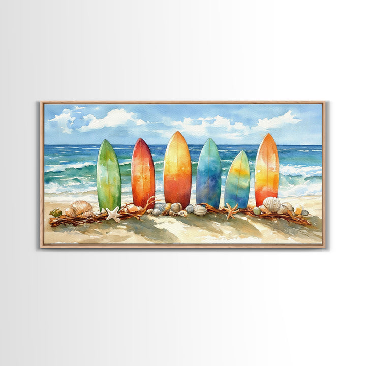 Colorful surfboards Christmas wall art, beach holiday decor, coastal Christmas art, framed canvas print, tropical Christmas art gift