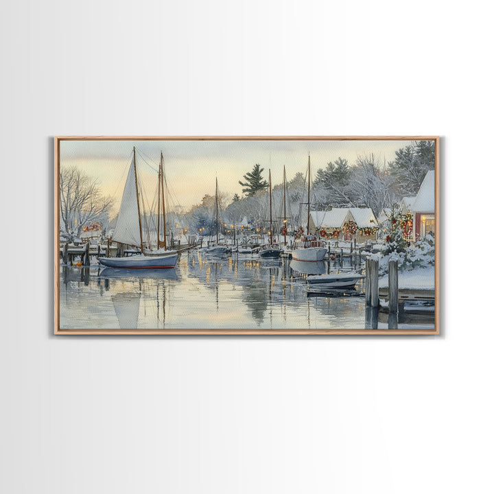 Snowy Boats at a Festive Pier Scene, Framed Canvas Print, Coastal Christmas Decor, Art, Winter Wonderland, Nautical Christmas Wall Print