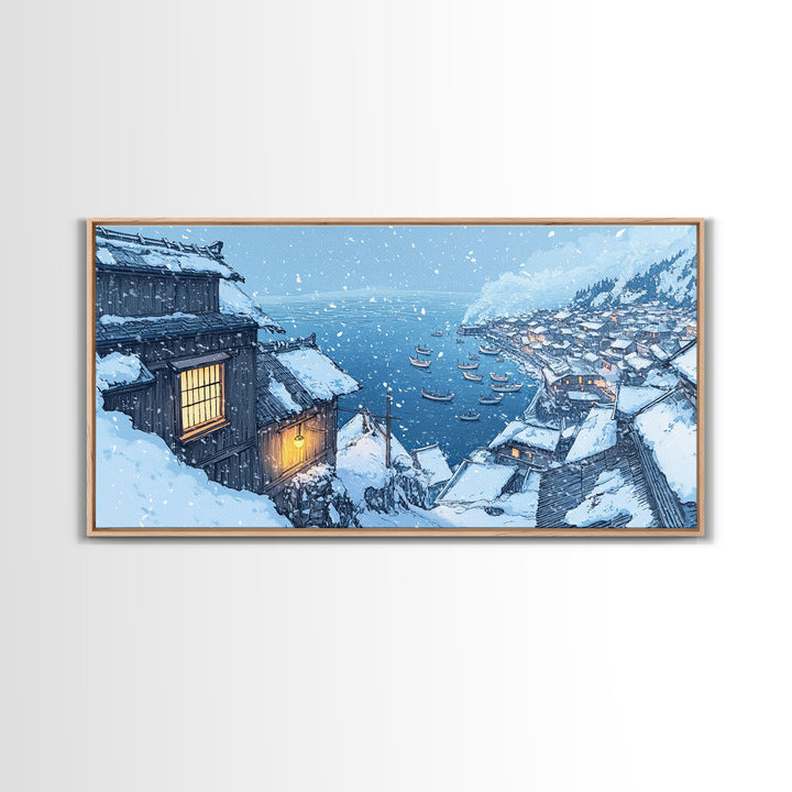 Snowy Village by the Sea, Framed Canvas Print, Nautical Christmas Art, Winter Wonderland, Coastal Christmas Decor, Holiday Wall Print