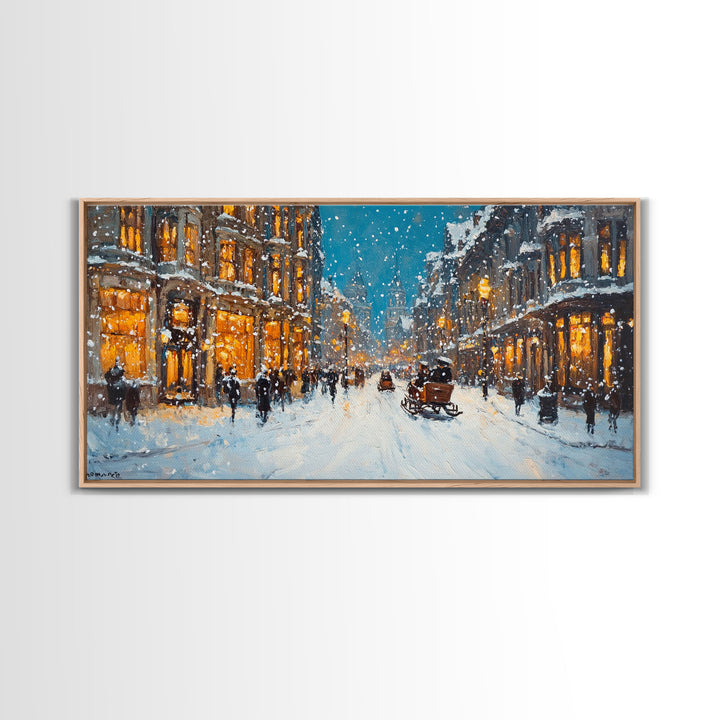 Large Framed Canvas Print Winter Wonderland Snowy City Street Art with Horse Carriage Perfect Christmas Home Decor Holiday Wall Art