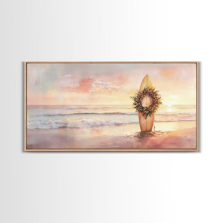 Tropical Beach Sunset Surfboard Wreath Canvas Print | Coastal Christmas Art Gift | Beach Christmas Decor | 2024 Christmas Home Wall Art