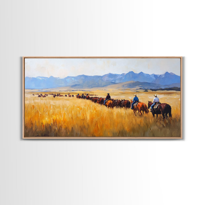 Cowboys Framed Canvas Print Western Country Horse Ride Scenic Art Large Landscape Wall Decor Ideal Holiday and Ranch Home Gift