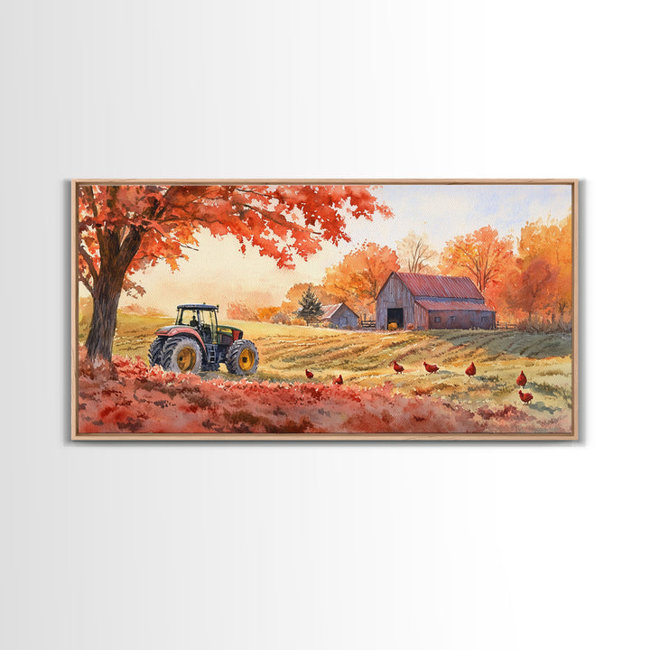 Tractor in Fall Field with Barn, Watercolor Wall Art, Farmhouse Autumn Decor, Framed Canvas Print, Home Decor, Above Sofa Art, Gift Idea