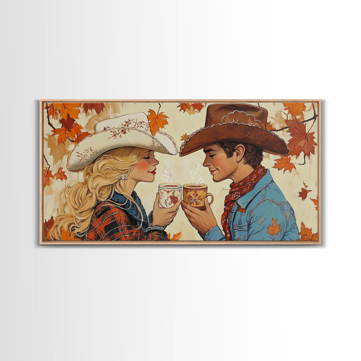 Cowgirl & Cowboy Enjoy Some Hot Chocolate, Art For Couples, Framed Canvas Print, Rustic Farmhouse Home Decor, Wall Art Rustic Decor