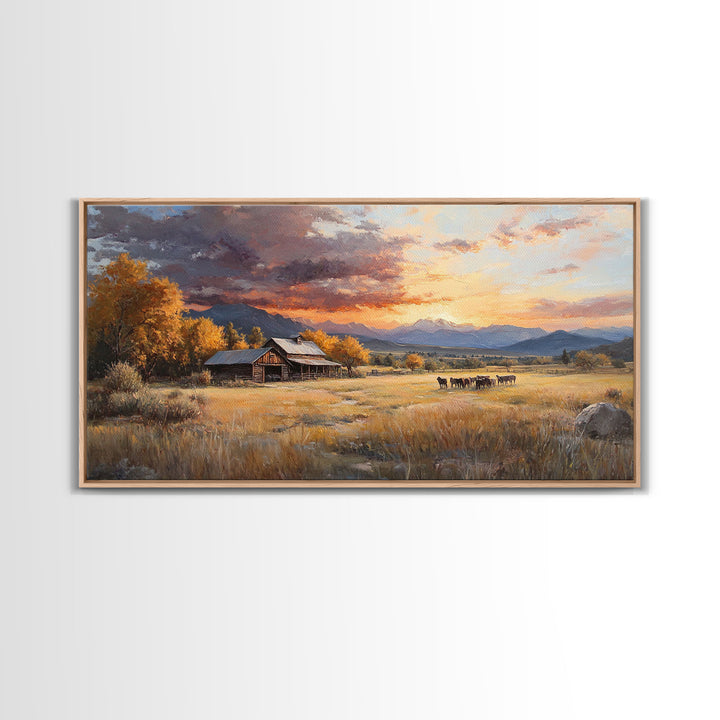 Sunset Ranch Framed Canvas Print Scenic Landscape Art Autumn Mountain Wall Decor Ideal Holiday and Fall Home Decor Extra Large Art