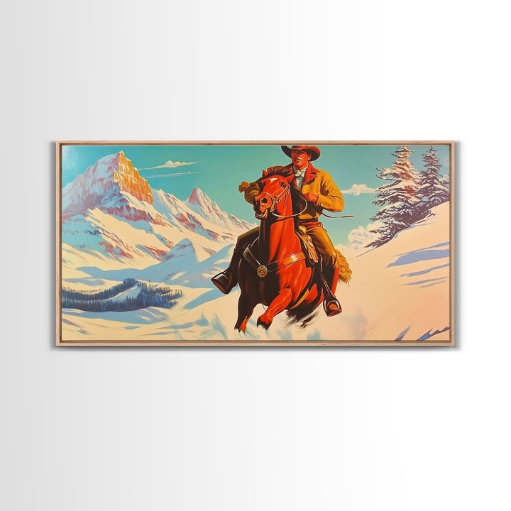 Cowboy in red jacket riding through snow-covered forest, Framed Canvas Print, vibrant winter wall art, rustic western decor