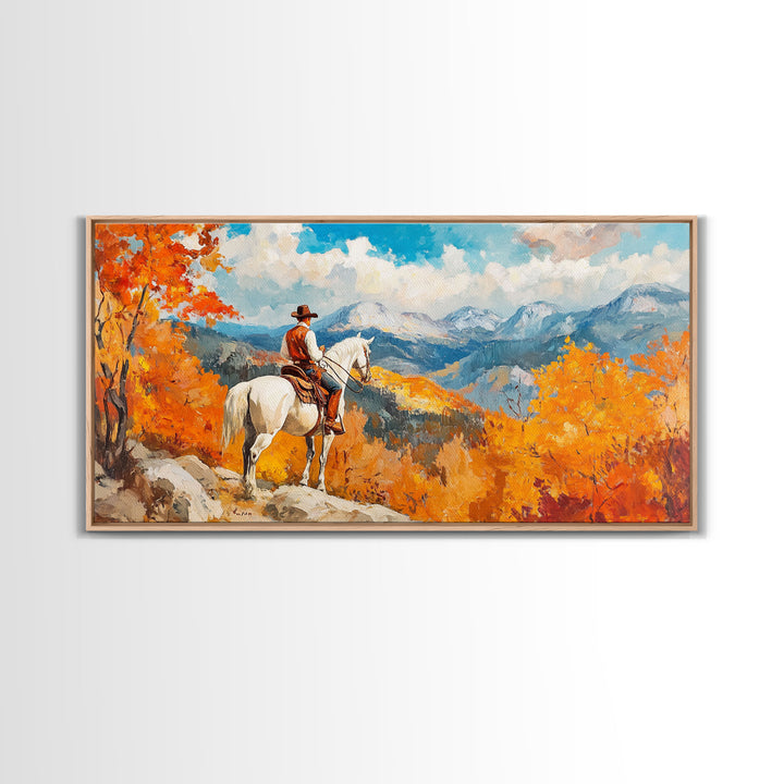 Cowboy on autumn swing, Framed Canvas Print, rustic Western art with vibrant fall, tall framed canvas print autumn decor farmhouse wall art