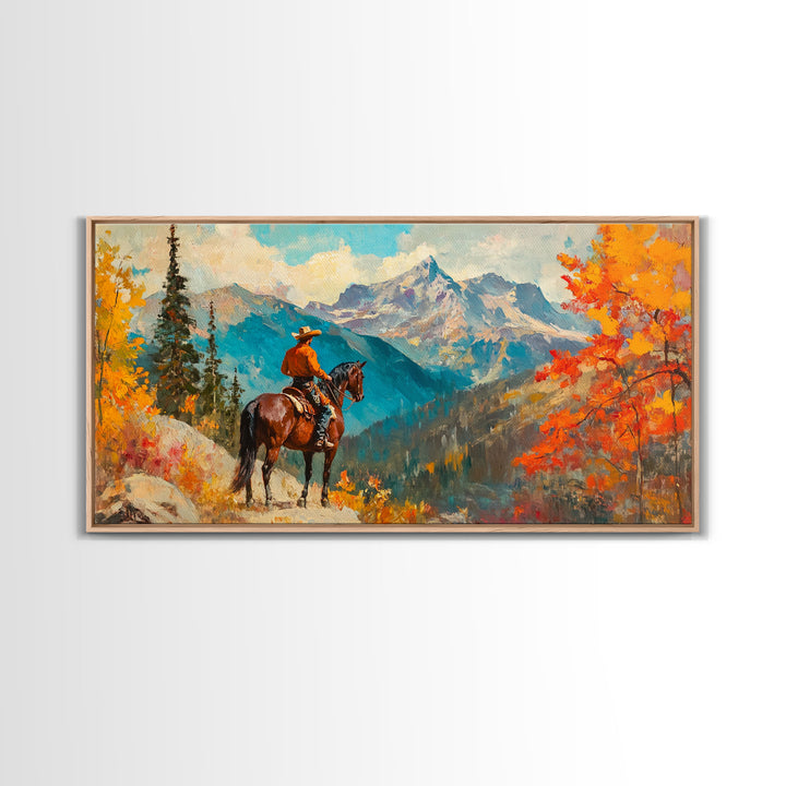 Female cowboy in fall forest, Framed Canvas Print, tall striking artwork rustic or modern farmhouse seasonal wall art