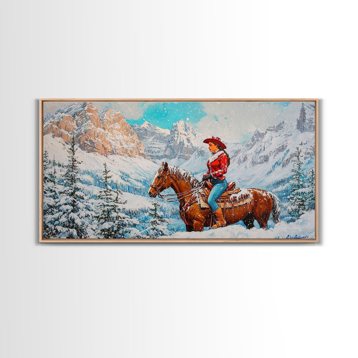 The Rider, Winter Cowgirl Framed Canvas Print, Farmhouse Western Decor, rustic winter wall art for holiday or seasonal decor