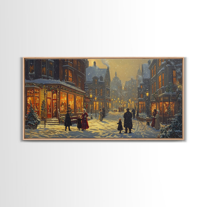 Victorian Christmas Street Scene With Families Shopping, Cozy Winter Wonderland Wall Art, Framed Canvas Print, Vintage Christmas Decor