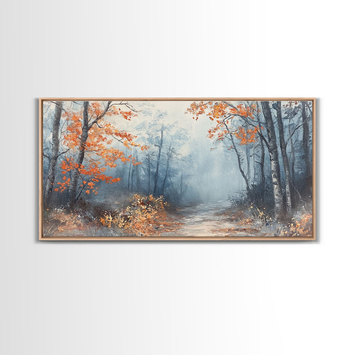 Winter Forest Path Framed Canvas Print, Misty Trees and Snow Scene, Landscape, Winter Wonderland Art, Christmas Home Decor, Holiday Gift