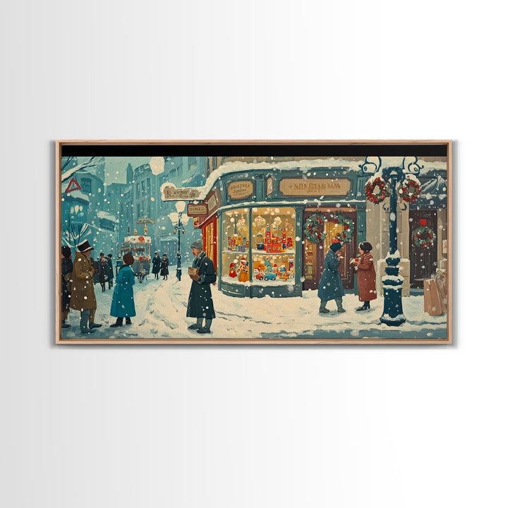 Vintage Christmas Street Framed Canvas Print, Victorian Christmas Decor, Winter Scene Art, Christmas Home Decor, Holiday Wall Art Gift