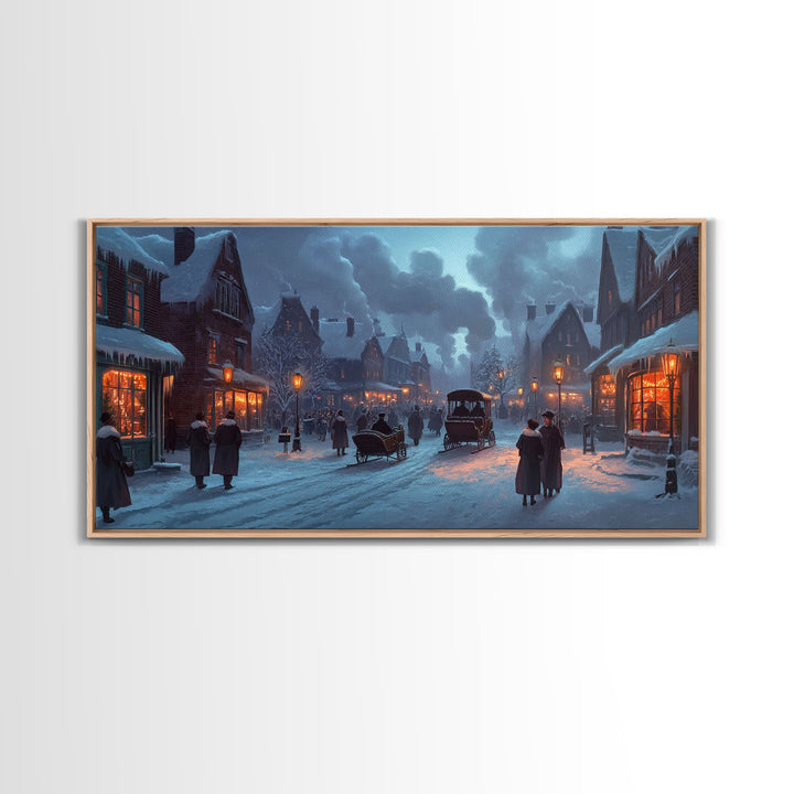 Victorian Winter Street Framed Canvas Print, Christmas Village Scene, Holiday Decor, Vintage Christmas Home Decor, Christmas Wall Art Gift