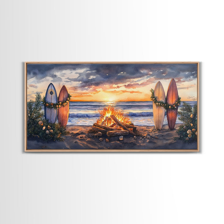 Surfboards With Christmas Garland By Bonfire At Sunset, Tropical Christmas Beach Wall Art, Coastal Holiday Framed Canvas Print