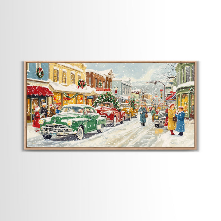 Festive Small Town Framed Canvas Print, Retro Christmas Village Scene, Vintage Christmas Decor, Christmas Vacation Art, Holiday Wall Art