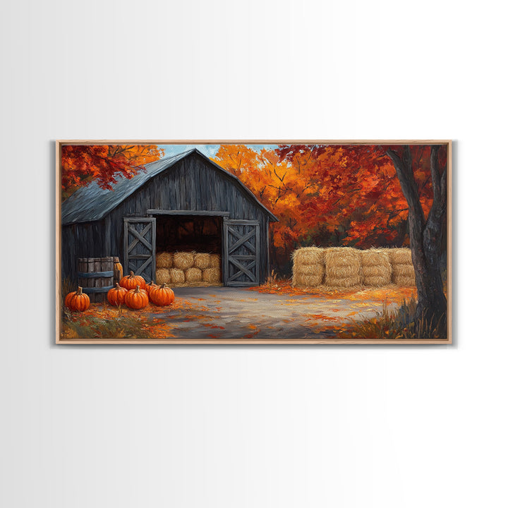 Fall Barnyard with Pumpkins Framed Canvas Print Farmhouse Decor, Fall Art Print, Rustic Home Decor, Seasonal Gift Wall Art