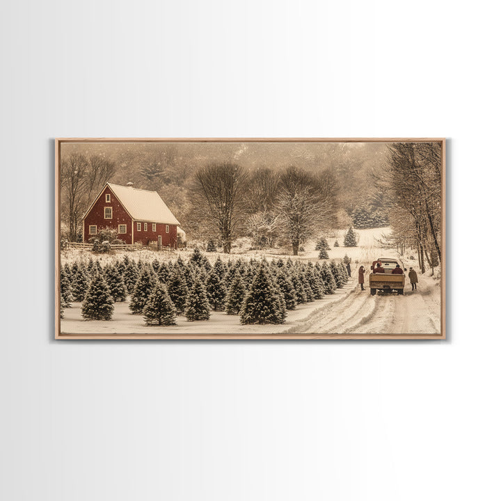 Snowy Farmhouse Christmas Tree Framed Canvas Print - Country Christmas Decor with Rustic Vintage Charm and Holiday Wall Art