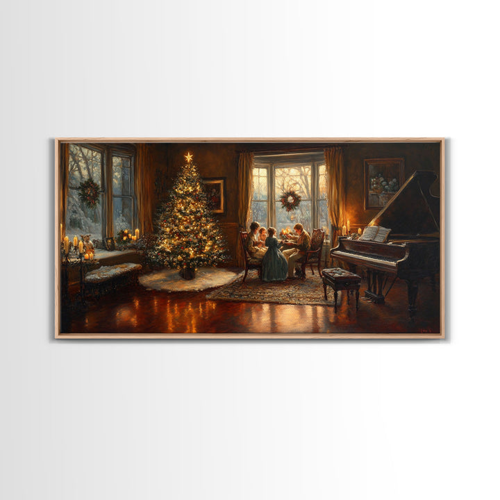 Family Gathering by Christmas Tree Framed Canvas Print - Warm Christmas Home Decor with Vintage Charm and Classic Holiday Wall Art