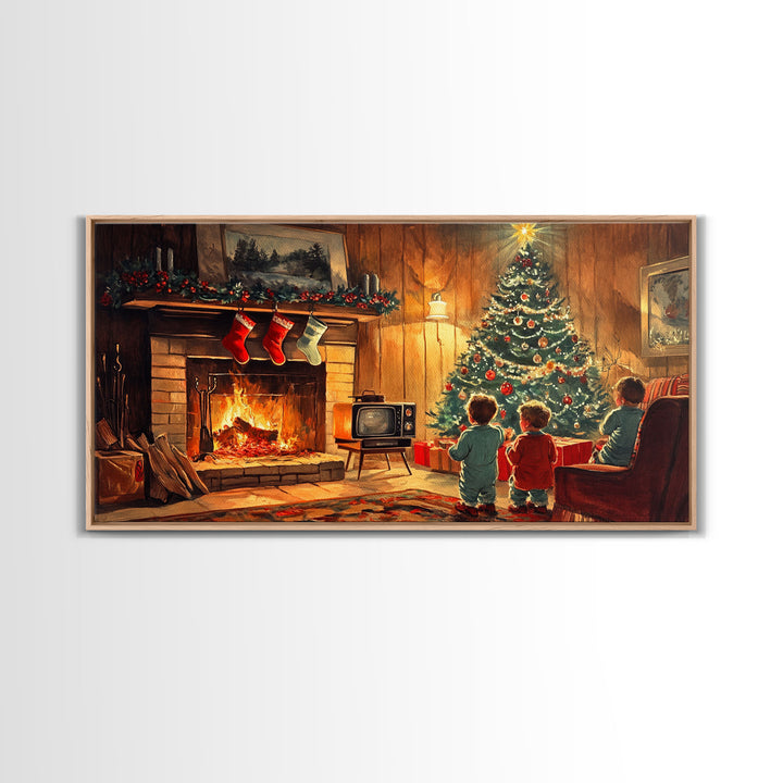 Vintage Christmas living room scene with fireplace and children, 2024 Christmas home decor, framed canvas print, vintage Christmas wall art