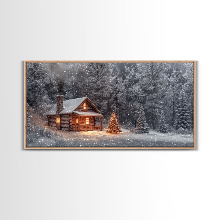 Winter cabin with Christmas tree outdoor decor, snowy landscape art, framed canvas print, winter wonderland wall art, holiday decor