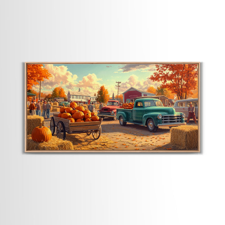 Fall pumpkin harvest with vintage trucks, country autumn decor, canvas print, fall farmhouse wall art, seasonal decor