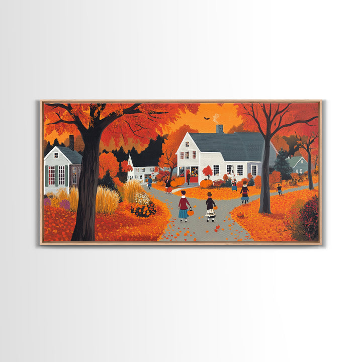 Autumn Vintage Village Canvas Print with Fall Foliage, Seasonal Farmhouse Art, Framed Wall Decor Gift, Best Gift Idea