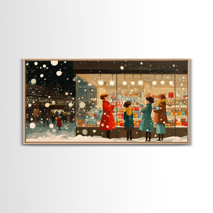 Christmas Window Shopping Scene Framed Canvas Print, Nostalgic Winter Holiday Wall Art Decor, Best Christmas Gift Idea, City Christmas Decor