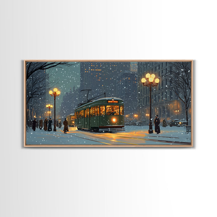 Vintage Christmas Street Scene Framed Canvas Print, City Tram Holiday Art, Christmas Wall Art Gift Idea, Holiday Season Decor, Wall Decor