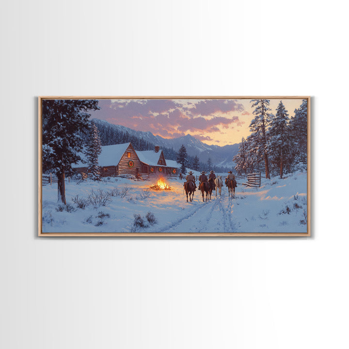 Cowboys and Log Cabin Winter Christmas Framed Canvas Print, Rustic Mountain Holiday Scene Art, Best Christmas Gift Idea, Winter Decor