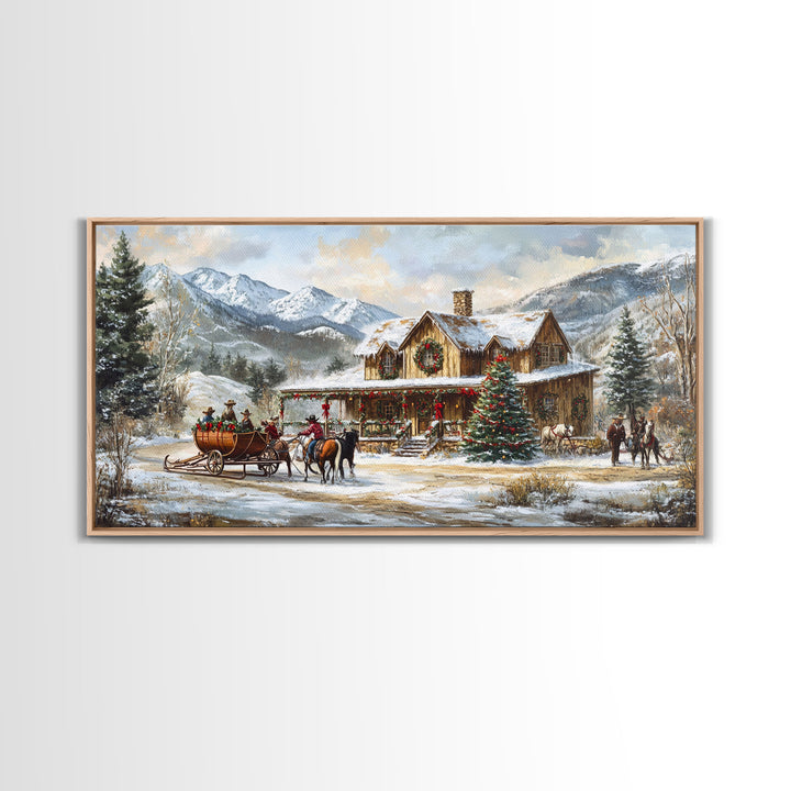 Mountain Log Cabin Christmas Framed Canvas Print, Rustic Holiday Winter Scene, Best Gift Christmas Wall Art, Vintage Holiday Decor Ideas