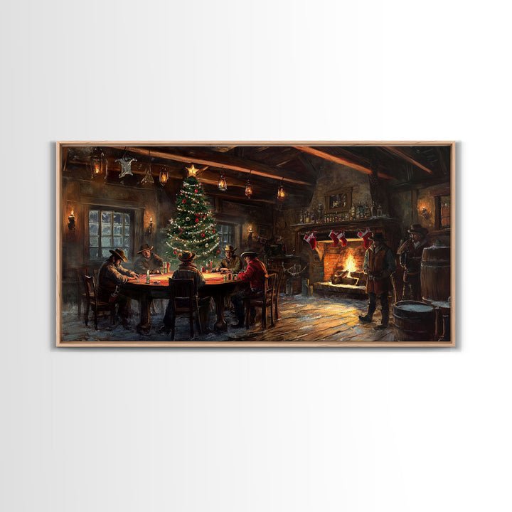 Rustic Cowboy Christmas Framed Canvas Print with Holiday Tree, Vintage Christmas Scene Art, Cozy Farmhouse Holiday Decor Gift Idea