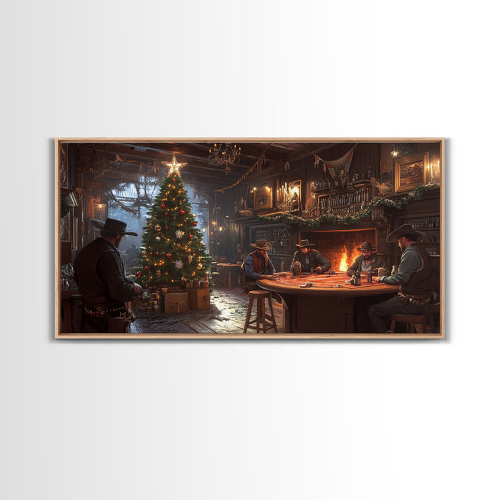 Western Saloon Christmas Framed Canvas Print, Rustic Holiday Decor with Cowboys and Christmas Tree, Best Gift Idea Seasonal Holiday Art