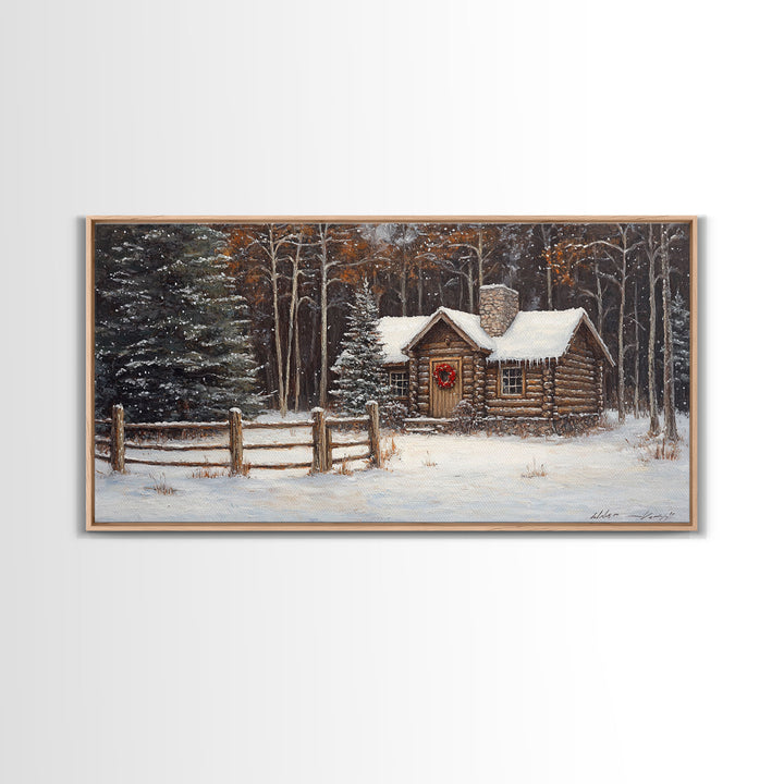 Snowy Log Cabin Christmas Framed Canvas Print, Rustic Winter Wonderland Art, Cozy Holiday Decor, Best Gift Christmas Wall Art