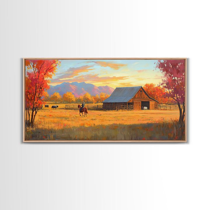 Autumn Cowboy Farm Framed Canvas Print, Cozy Fall Farmhouse Wall Art, Country Western Landscape Decor, Best Gift Seasonal Wall Art