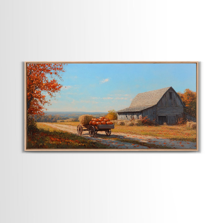 Rustic Barn with Pumpkins Framed Canvas Print, Cozy Fall Farmhouse Decor, Country Autumn Harvest Art, Seasonal Wall Art Gift Idea