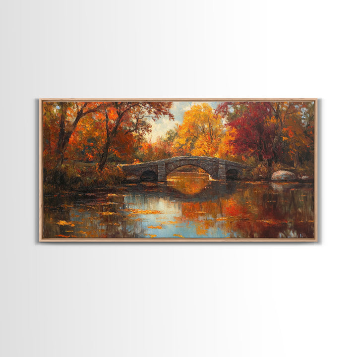 Scenic Autumn Bridge Framed Canvas Print, Cozy Fall Landscape Wall Art, Country Farmhouse Autumn Decor, Best Seasonal Gift Idea