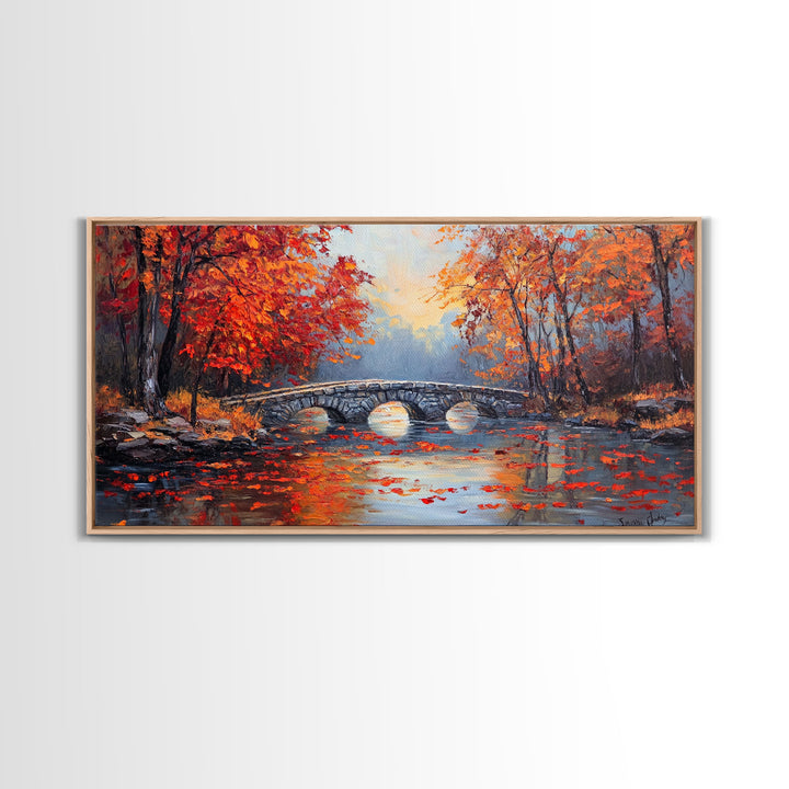 Autumn River Bridge Framed Canvas Print, Colorful Fall Landscape Wall Art, Cozy Seasonal Decor, Best Gift Idea for Farmhouse Wall Art