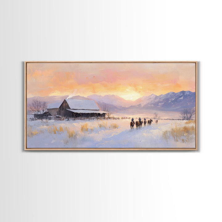 Snowy Farmhouse Sunset Framed Canvas Print, Winter Mountain Landscape Art, Rustic Country Christmas Decor, Best Winter Wall Art Gift