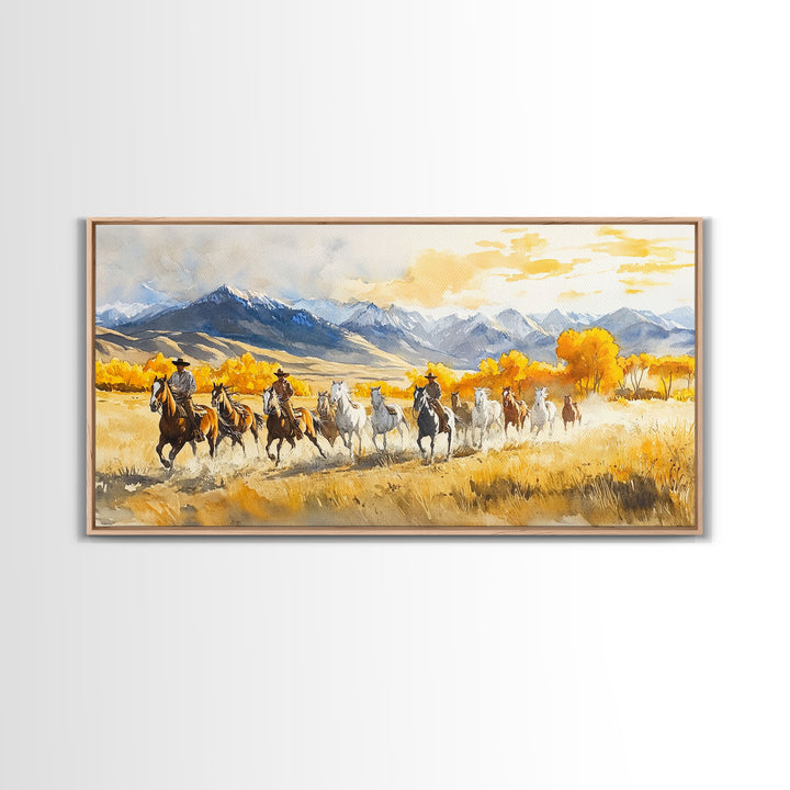 Western Cowboy Horse Drive Framed Canvas Print, Autumn Mountain Landscape with Riders and Horses in Golden Fall Light Wall Art