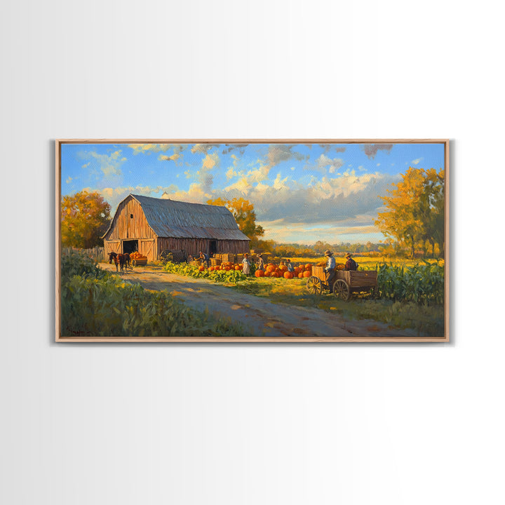 Picturesque Autumn Barn Harvest Scene Framed Canvas Print Farmhouse Art, Fall Harvest Scene Art Print, Rustic Wall Decor for Fall Season