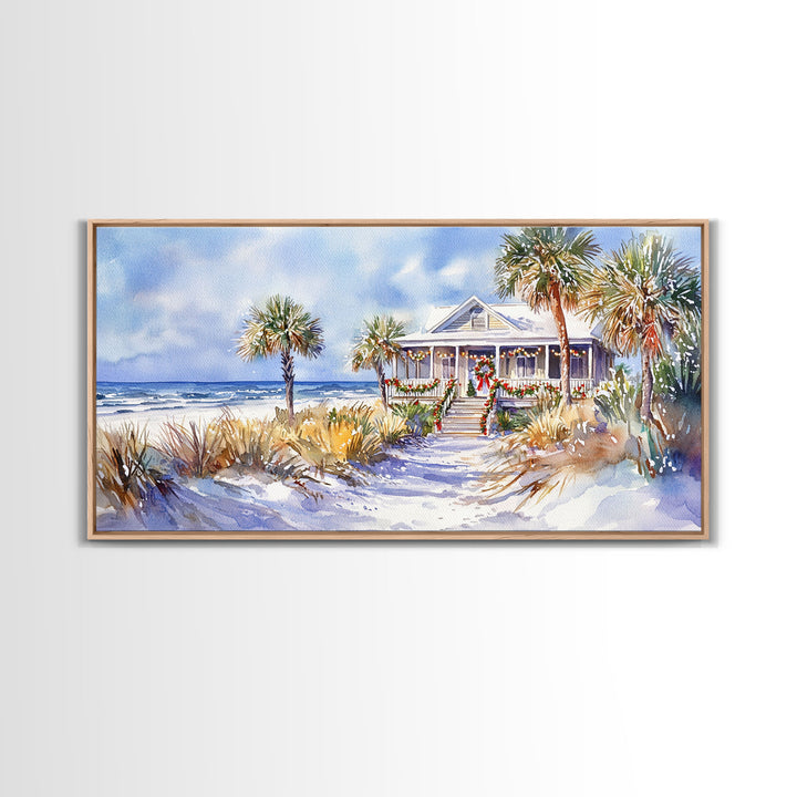 Snowy tropical Christmas decor scene, Framed Canvas Print beach house wreath and holiday lights, winter coastal home decor Christmas art