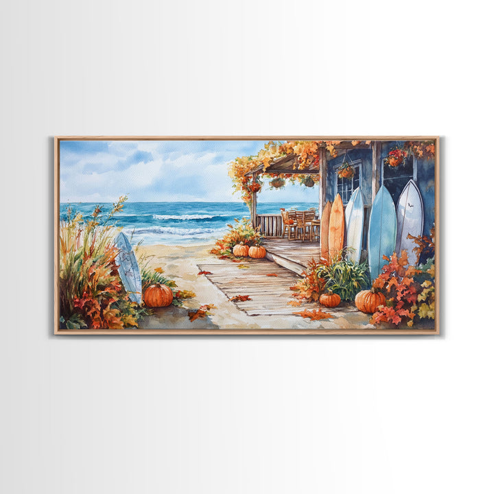 Autumn surfboard porch decor scene, Framed Canvas Print with pumpkins and fall leaves on beach, autumn beach house wall art and decor piece