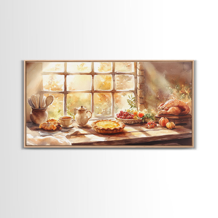 Thanksgiving table scene with food, pies and fall decor, Framed Canvas Print with pumpkins sunlight, autumn harvest home wall art and decor