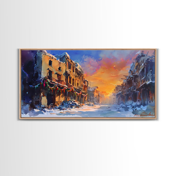 Snowy abandoned street at sunset with festive garland, framed canvas print, moody landscape Christmas or holiday decor