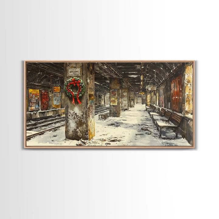 Underground subway station winter scene framed canvas print, snowy platform with festive wreath and urban decay, Christmas display